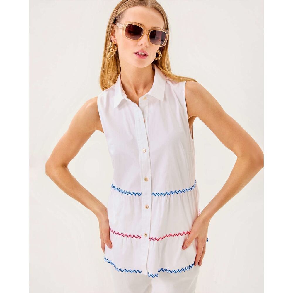 Lilly Pulitzer Breah Sleeveless Button Down Shirt in Resort White Babydoll Sz 0